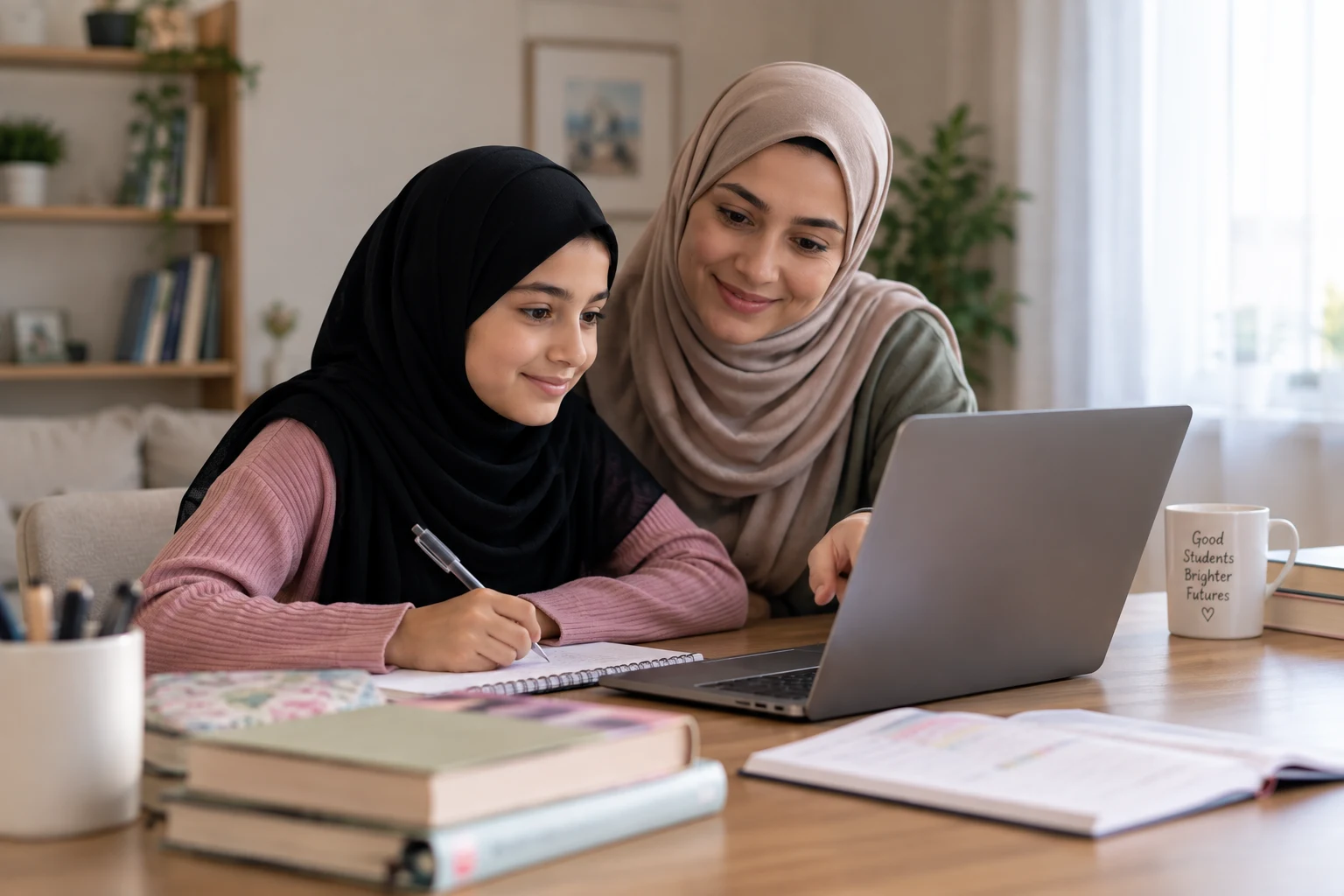 A mother and daughter attending an online class together at home in Afghanistan