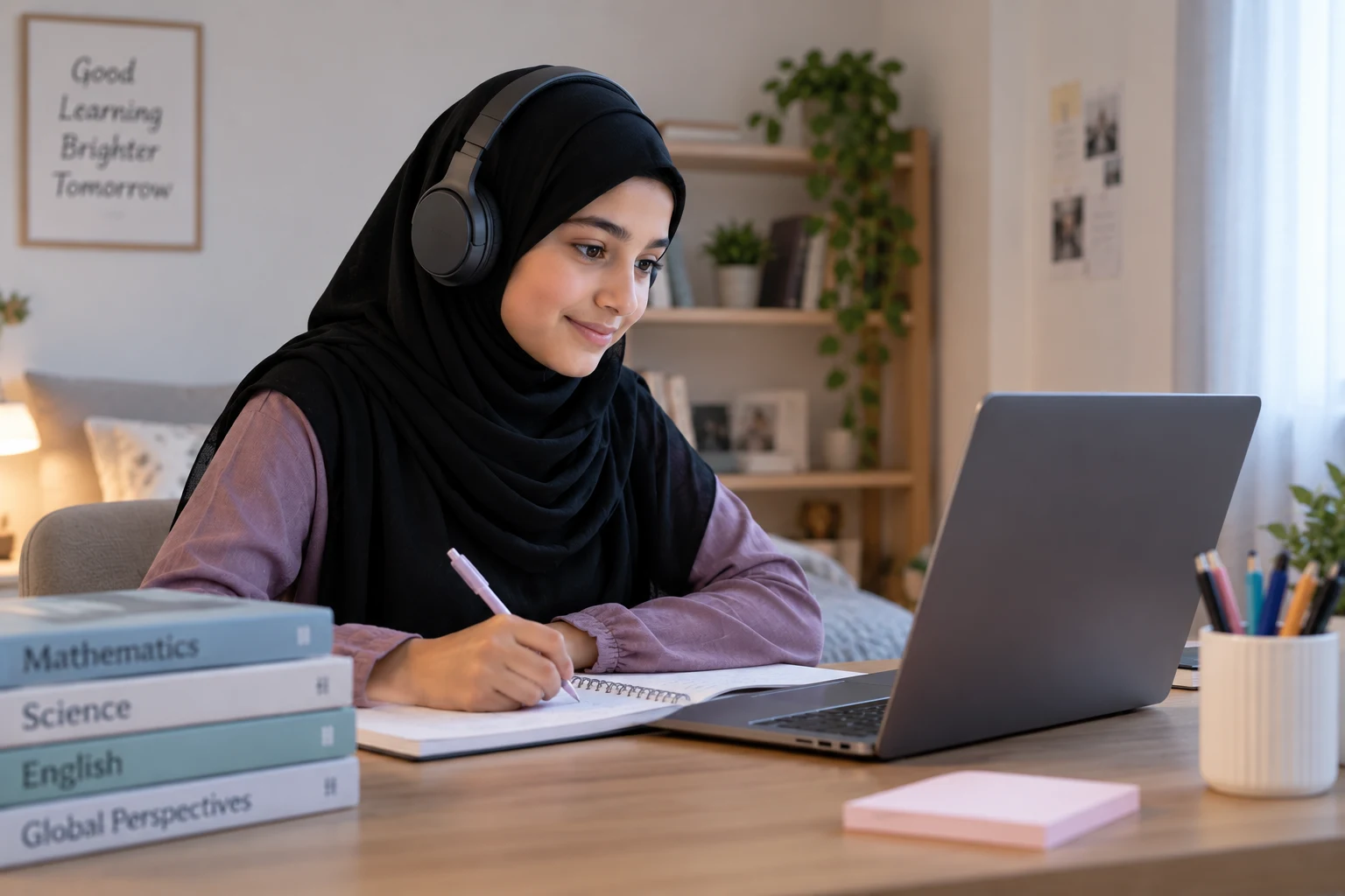 A student attending a live online class from home in Afghanistan