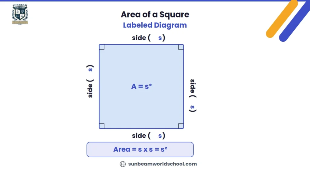 Labeled diagram of a square with side length s marked on all four sides, right angle markers at each corner, and the formula A = s² in the centre