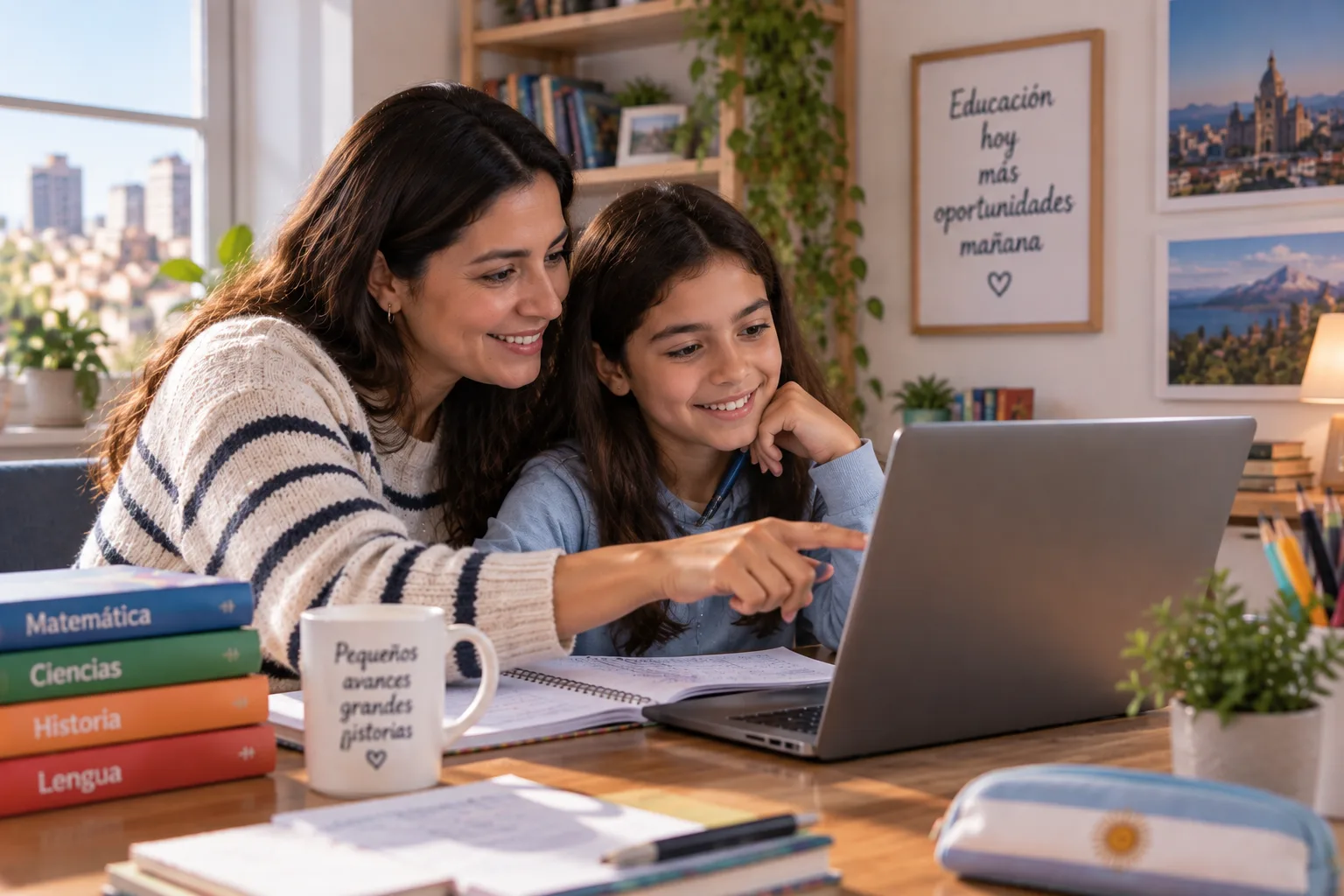 A parent and child in Argentina reviewing online schoolwork together at home
