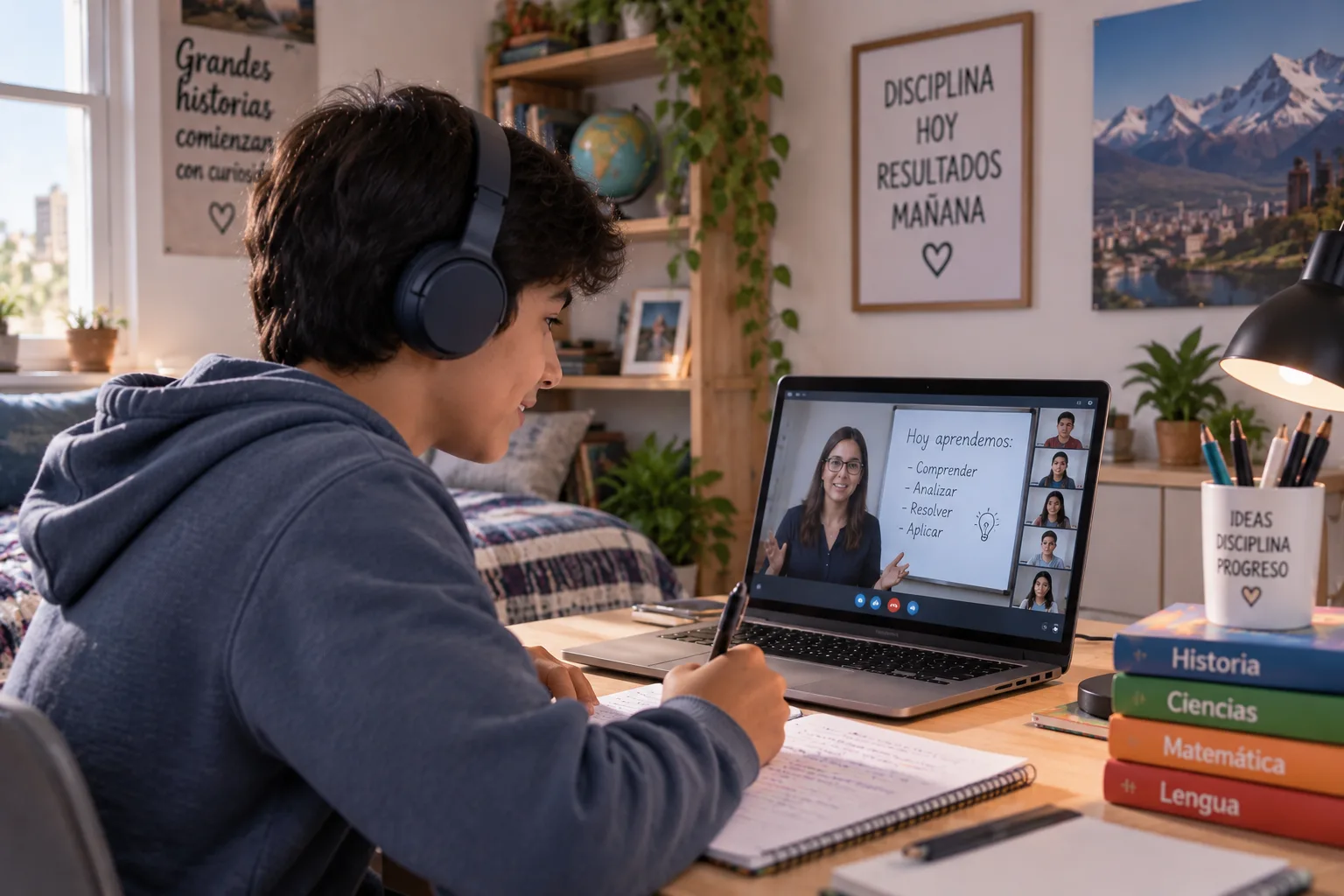 A student in Argentina attending a live online class from home