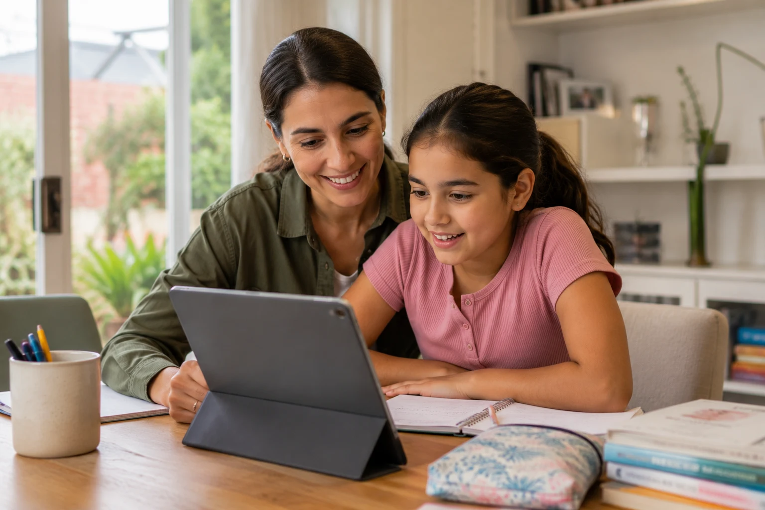 A parent and child completing the online school admission process together in Australia