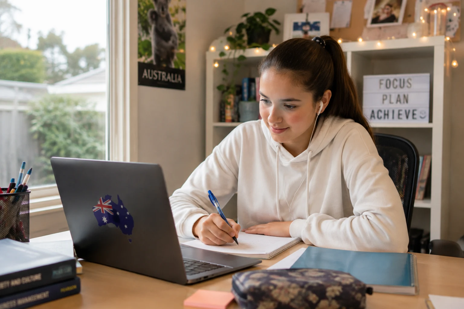 A student attending a live online class from home in Australia