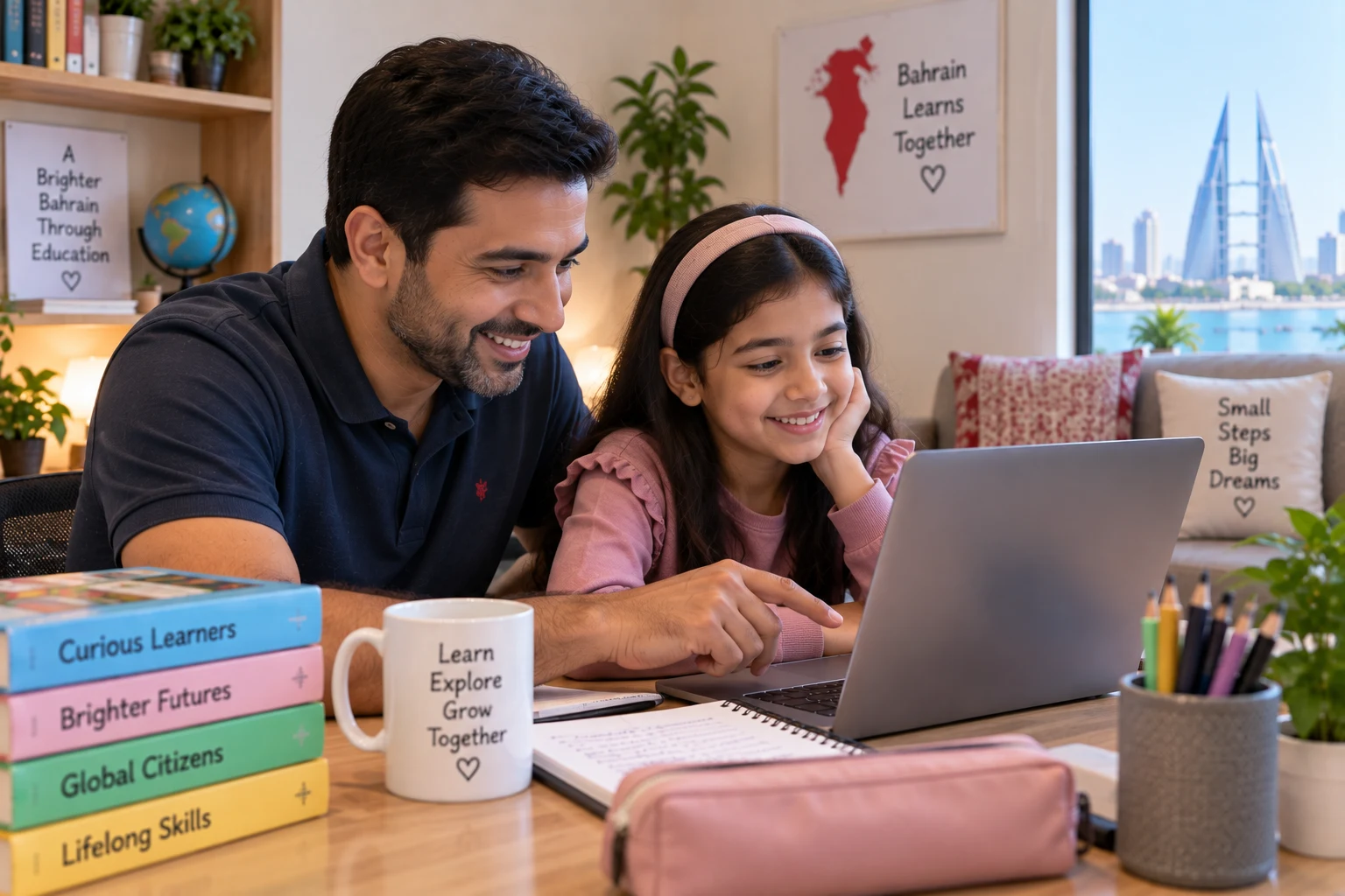 A father and daughter reviewing schoolwork together at home in Bahrain, with the Bahrain World Trade Center visible through the window