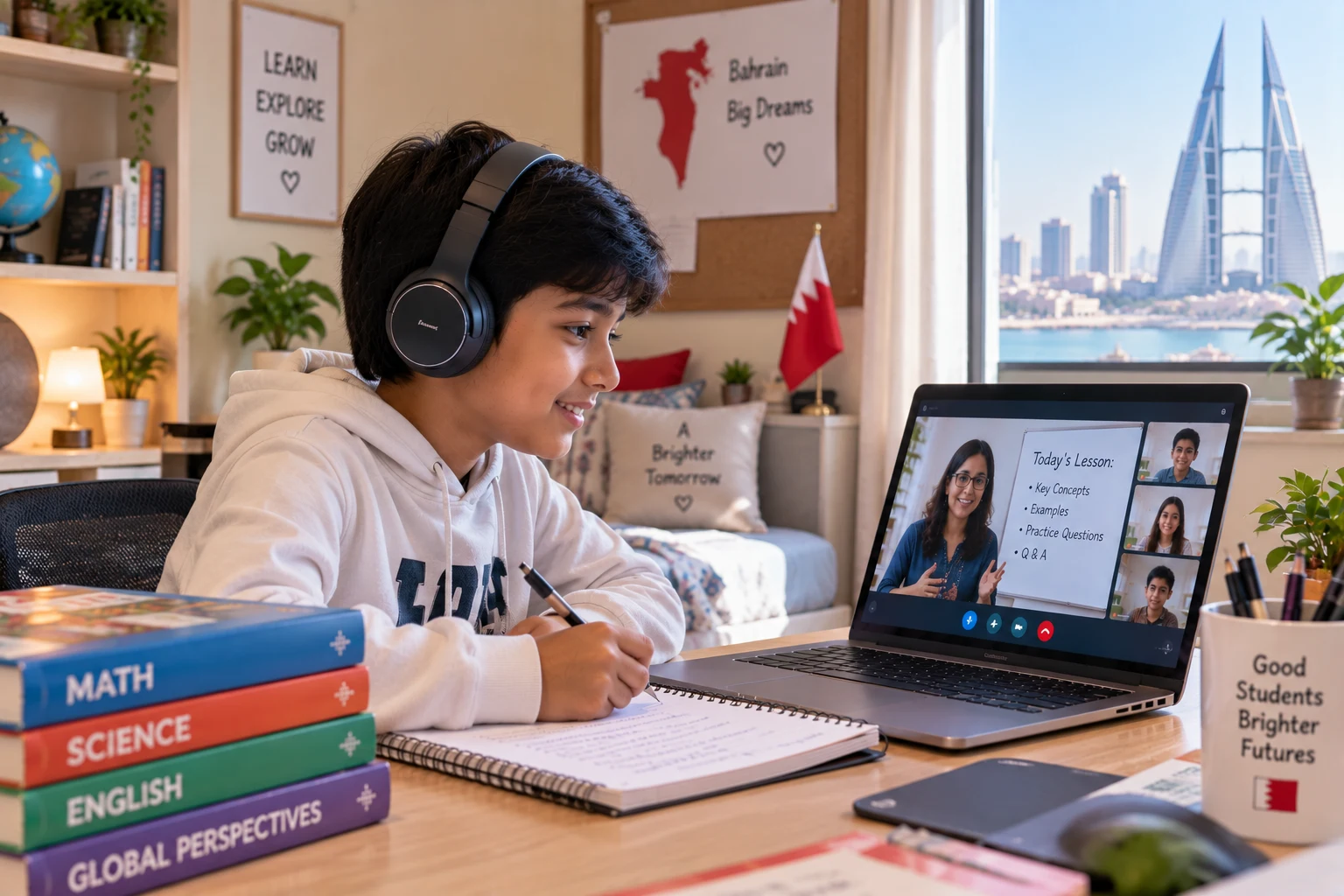 A student wearing headphones attending a live online class from home, with the Bahrain World Trade Center and skyline visible through the window