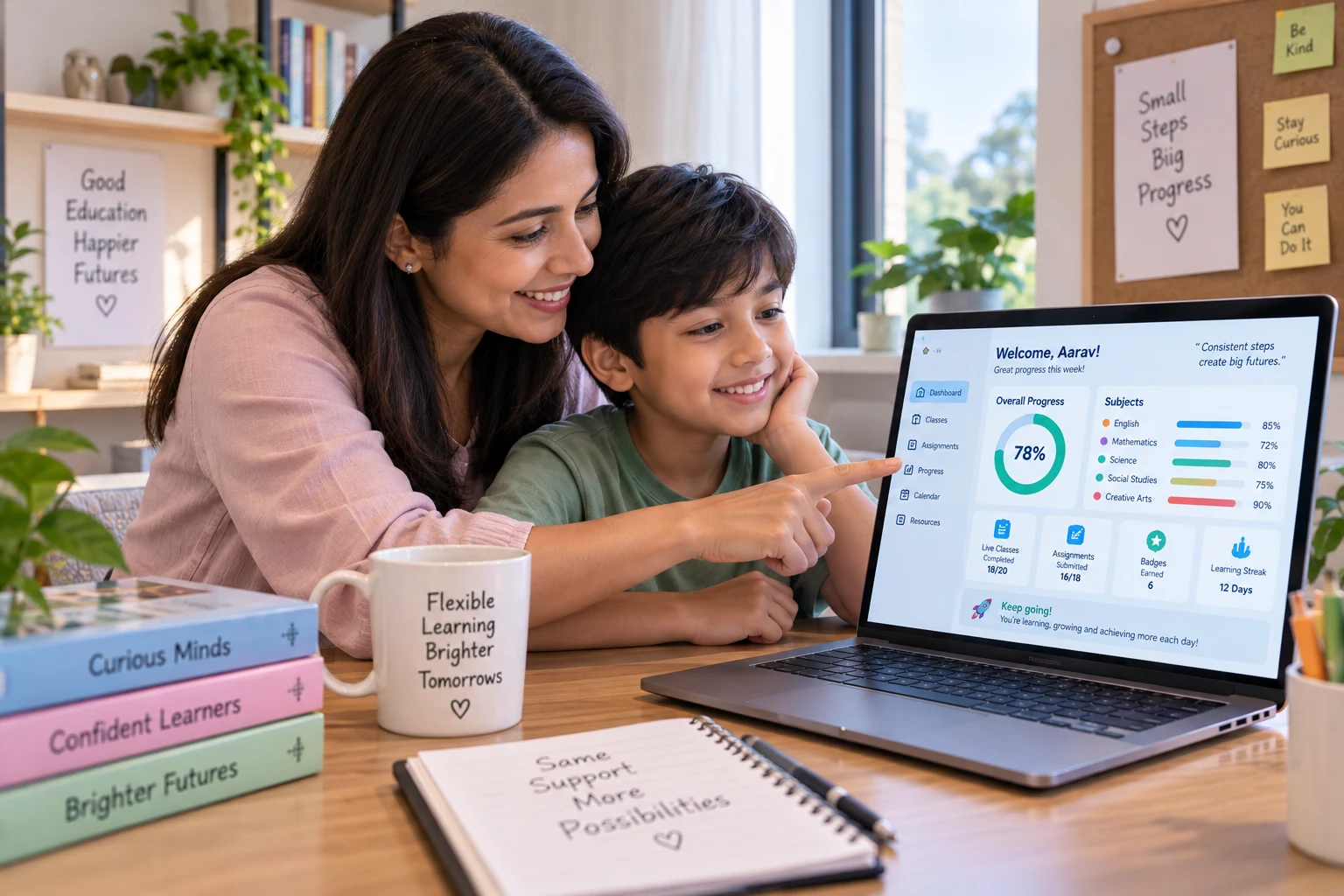 A mother and son reviewing academic progress together on a learning dashboard at home in Bangladesh