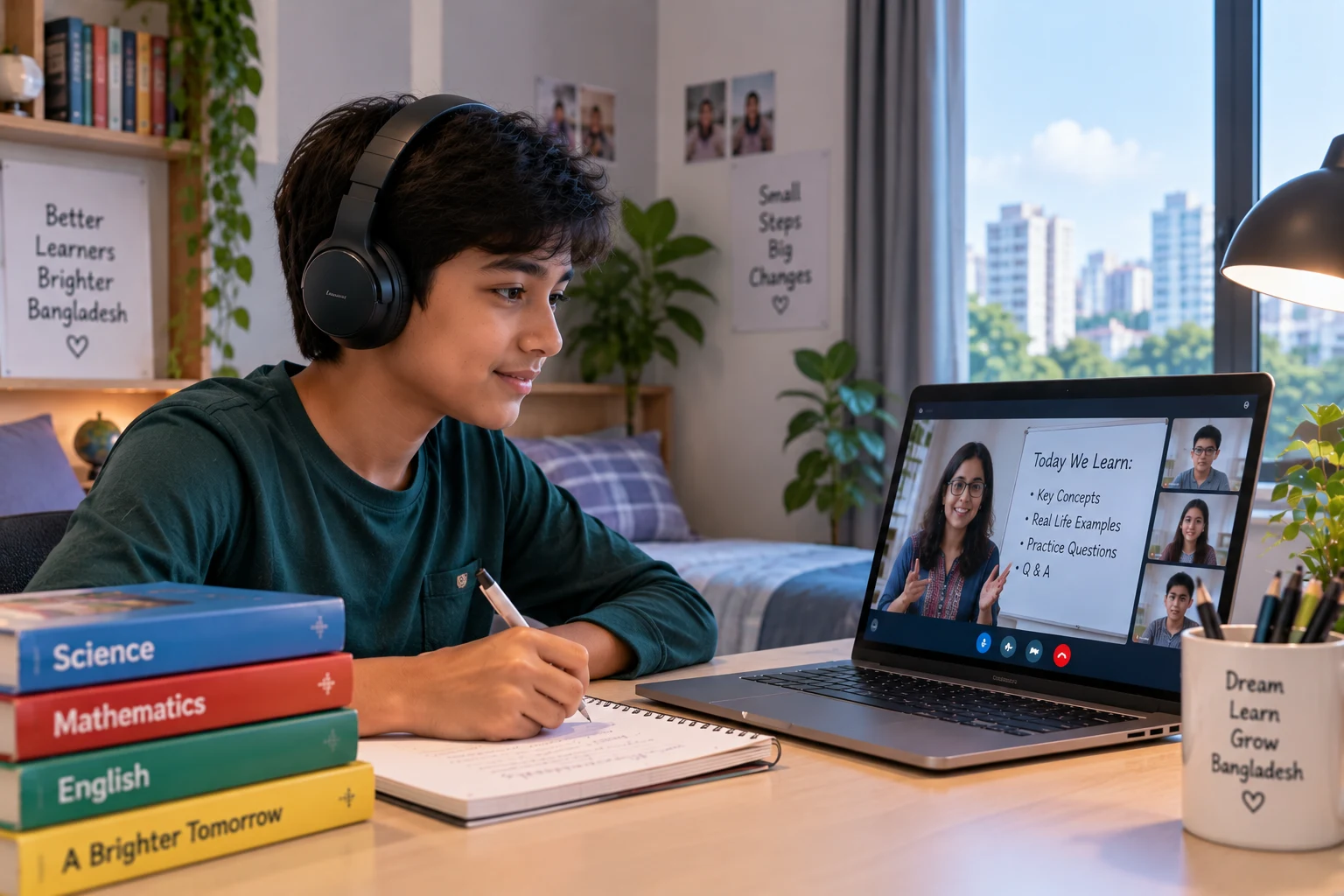 A student wearing headphones attending a live online class from home in Bangladesh, with the city skyline visible through the window