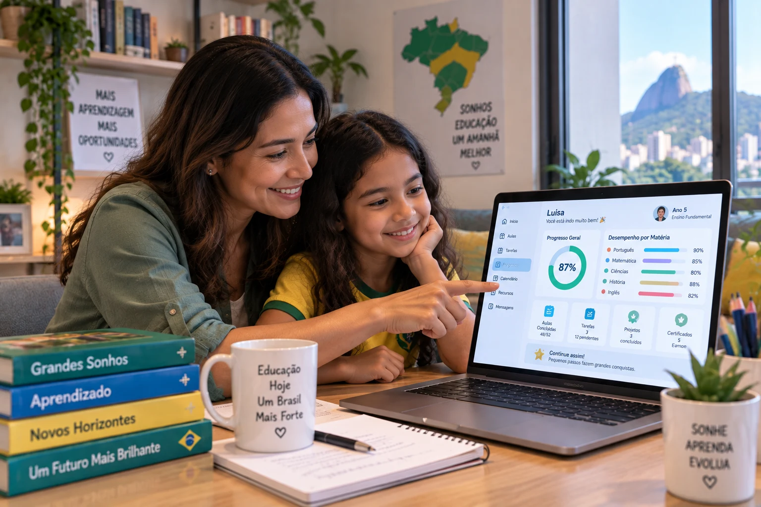 A mother and daughter reviewing academic progress together on a learning dashboard, with Sugarloaf Mountain and the Rio de Janeiro skyline in the background