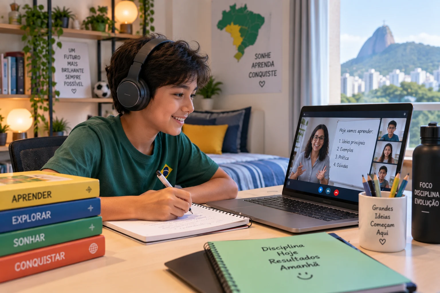 A student wearing headphones attending a live online class from home, with Sugarloaf Mountain and the Rio de Janeiro skyline visible through the window