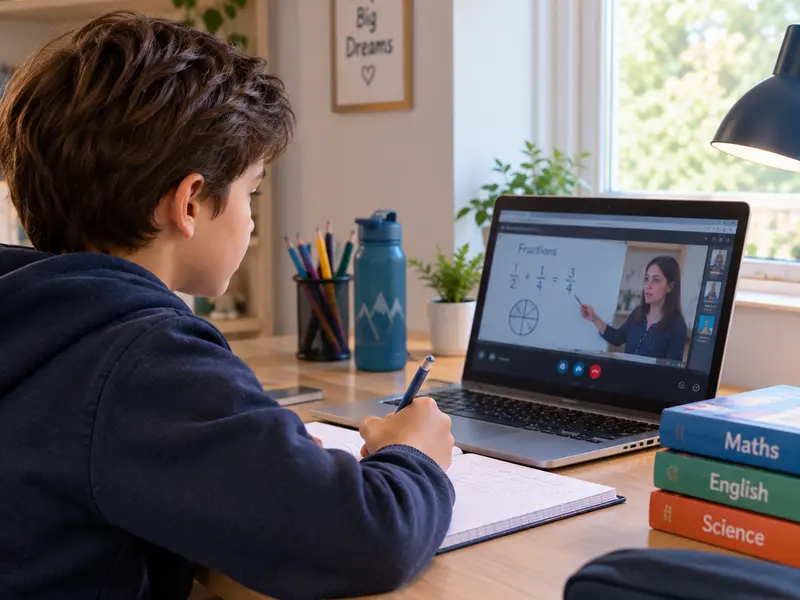 A primary school student attending a live Cambridge Primary online class at Sunbeam World School
