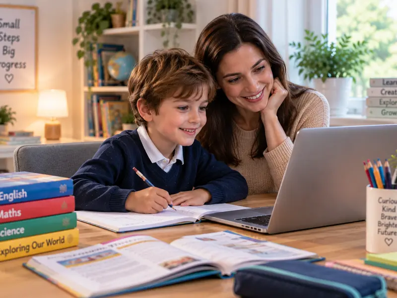 A parent and primary school child reviewing schoolwork together at home