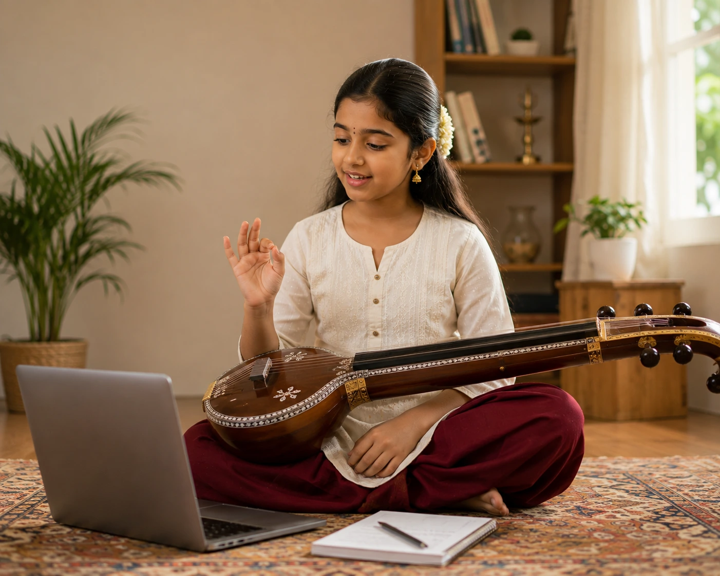 Young Carnatic music student balancing training with live homeschool classes in Kerala