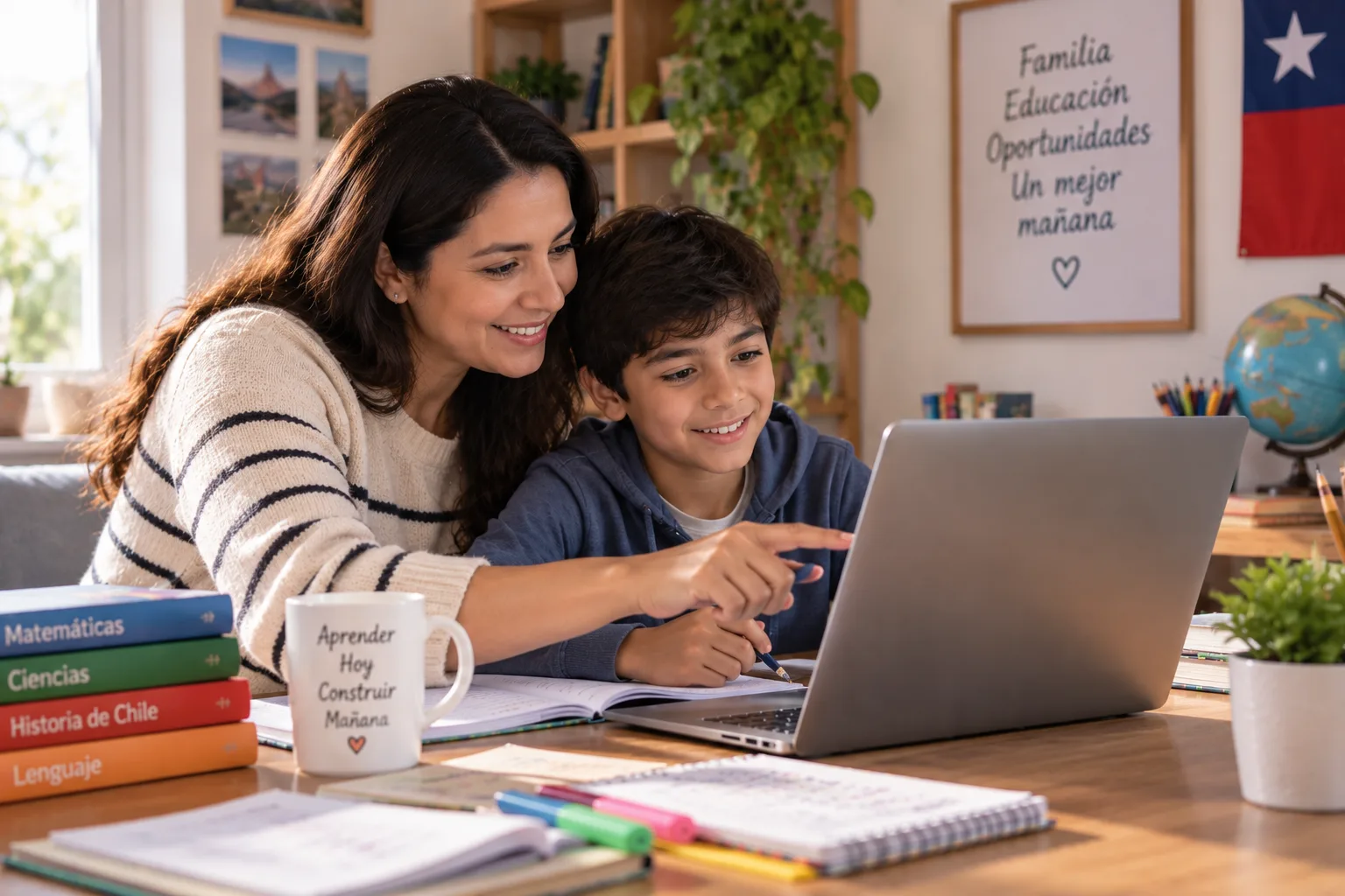 A parent and child in Chile reviewing online schoolwork together at home