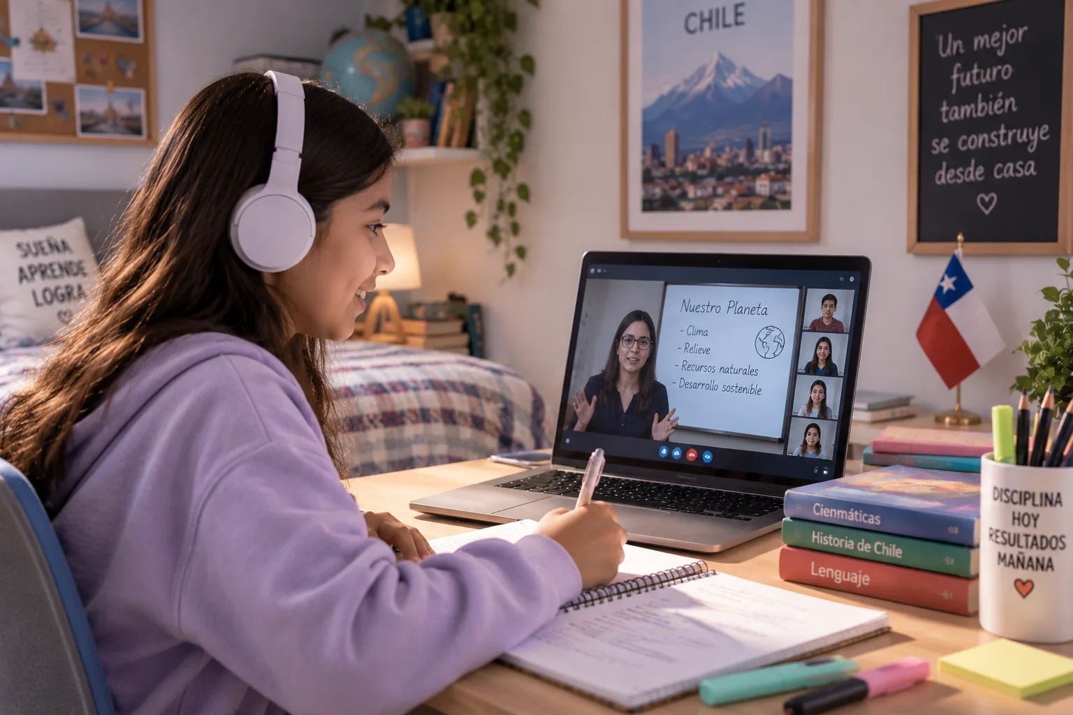 A student in Chile attending a live online class from home
