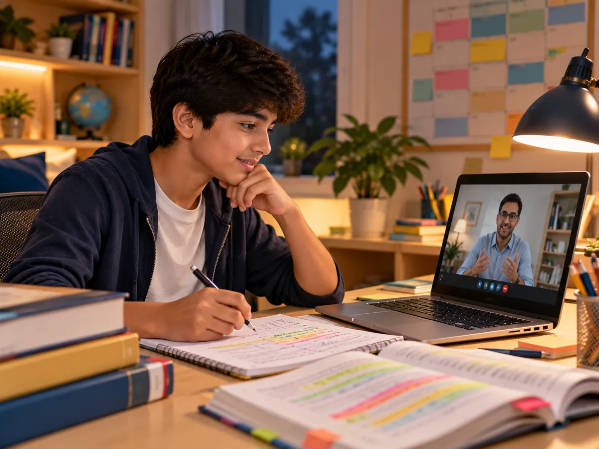 Grade 10 student making board exam revision notes during a mentor call in online classes for Class 10