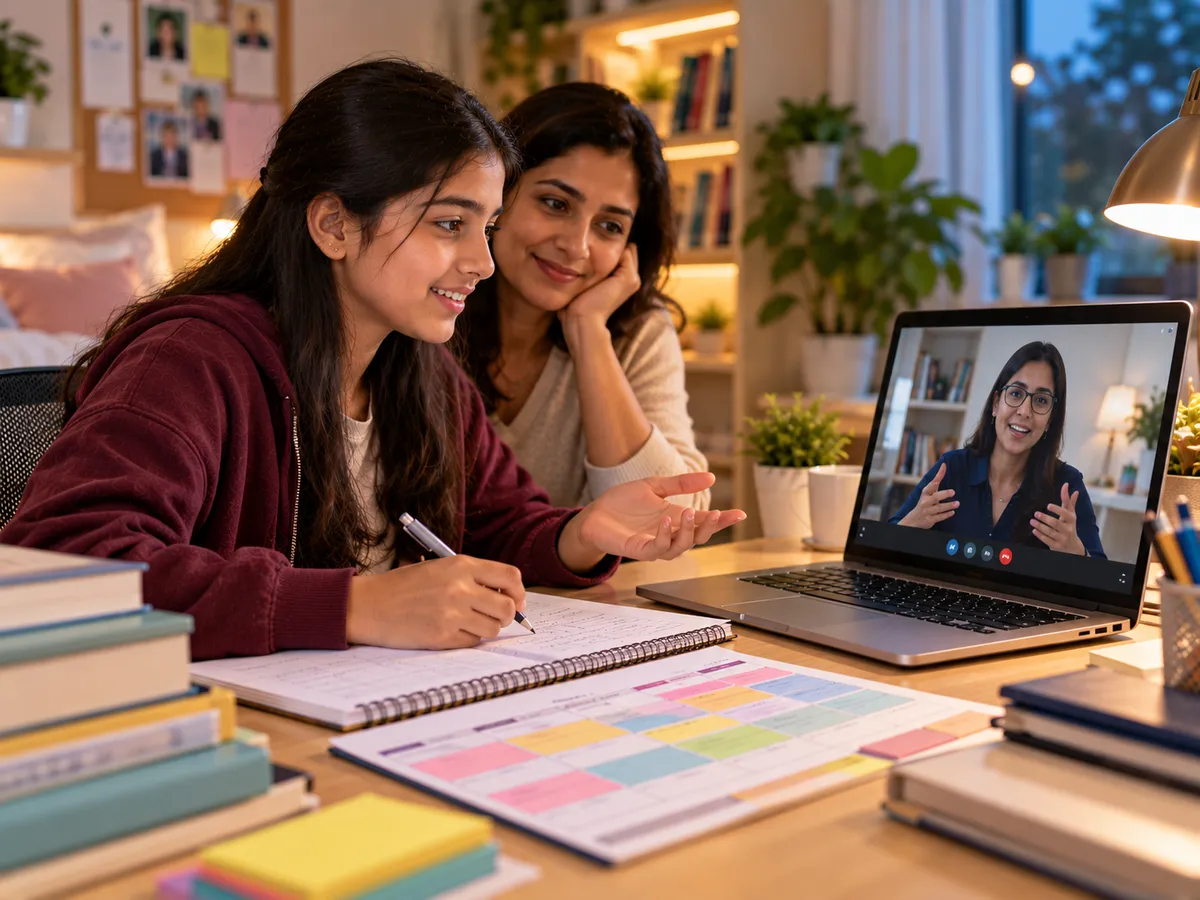 Grade 11 student and her parent planning a study schedule with a mentor in online classes for Class 11