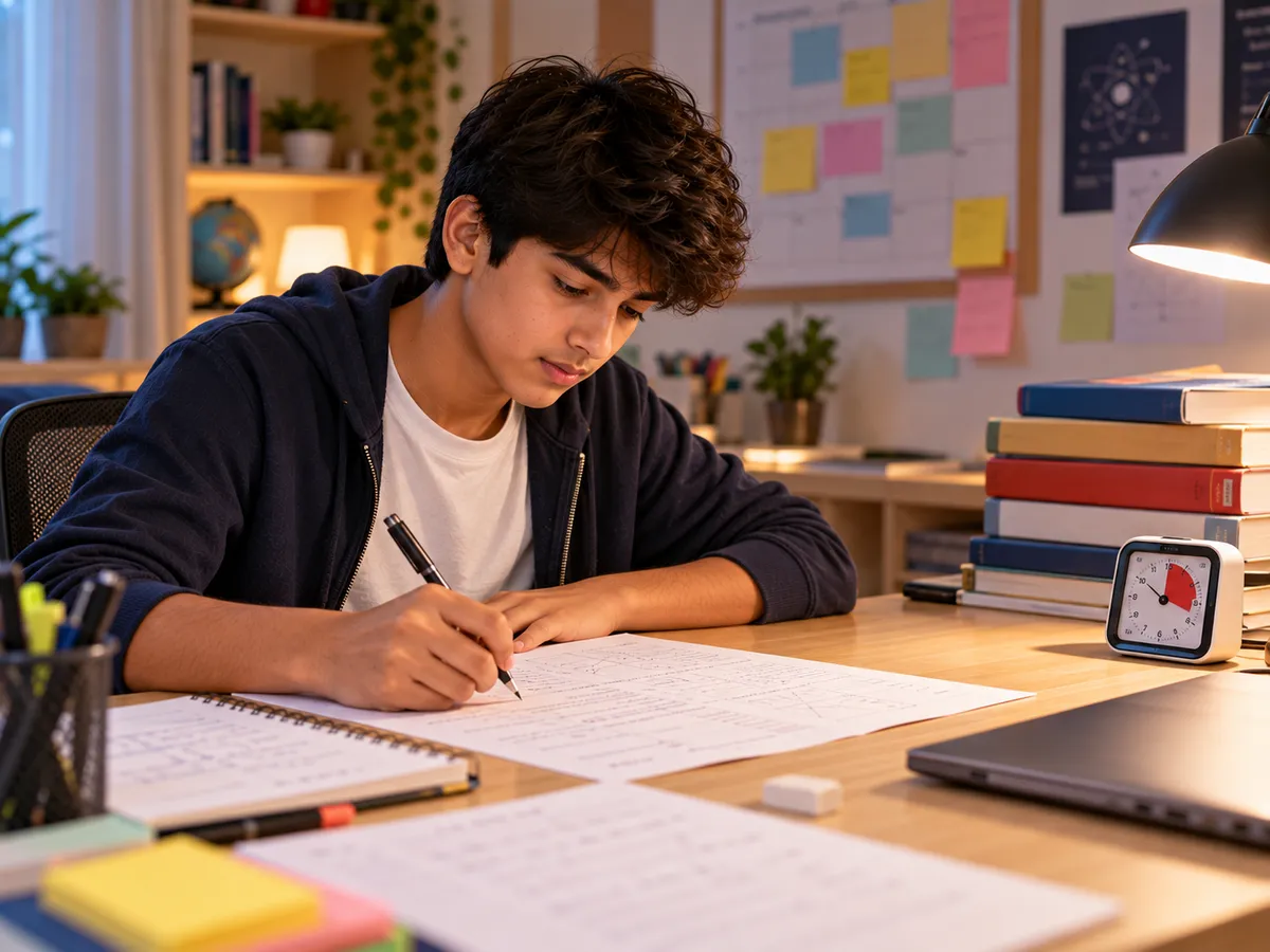 Grade 12 student solving a mock exam paper at home as part of online classes for Class 12