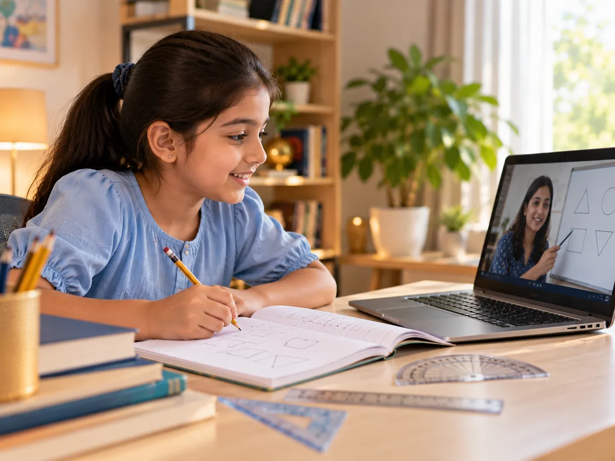 Grade 6 student solving a geometry doubt with her maths teacher in online classes for Class 6