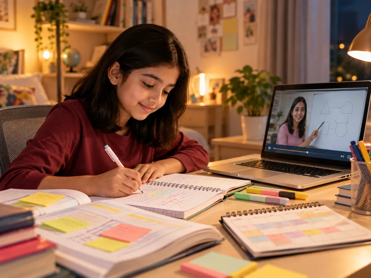 Grade 7 student making revision notes for exams with a recorded lesson from online classes for Class 7