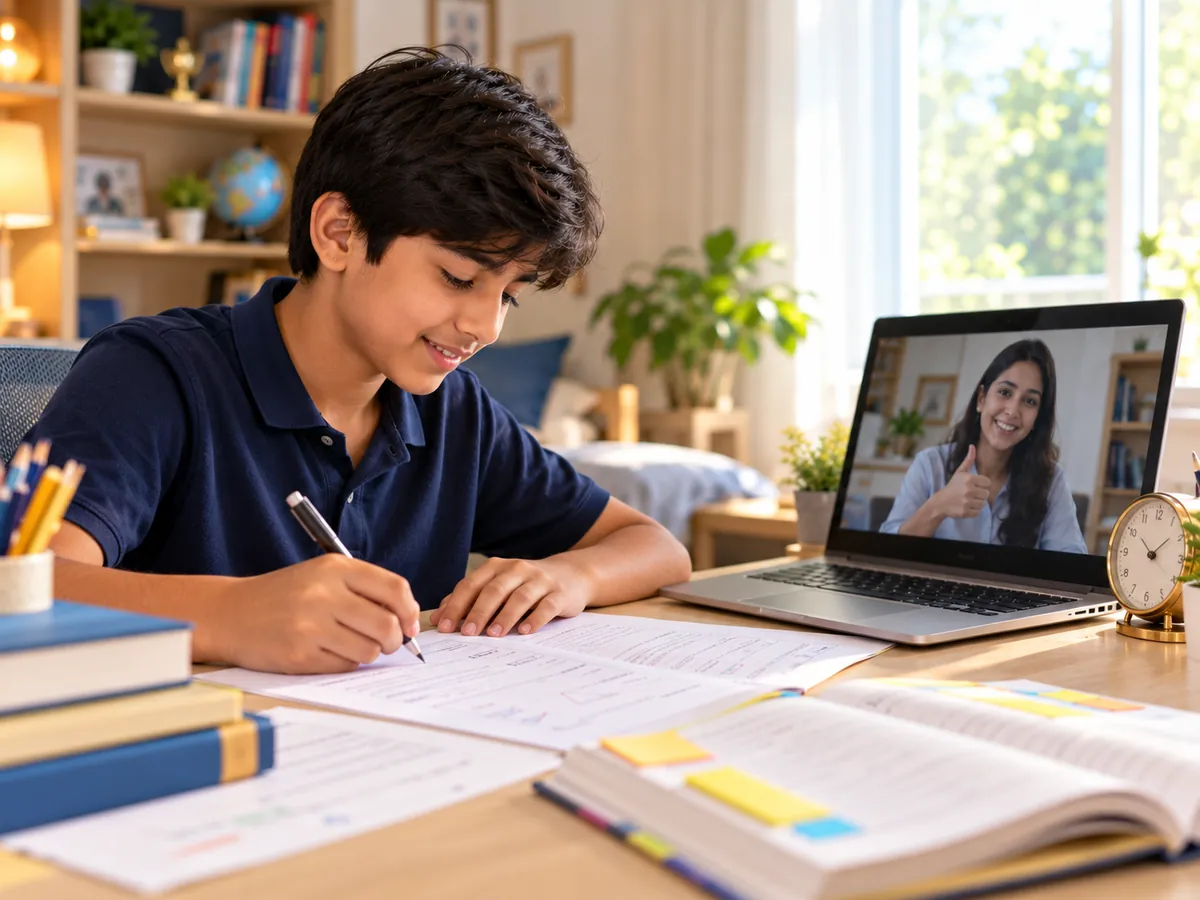 Grade 8 student solving a practice test while his teacher gives a thumbs-up in online classes for Class 8