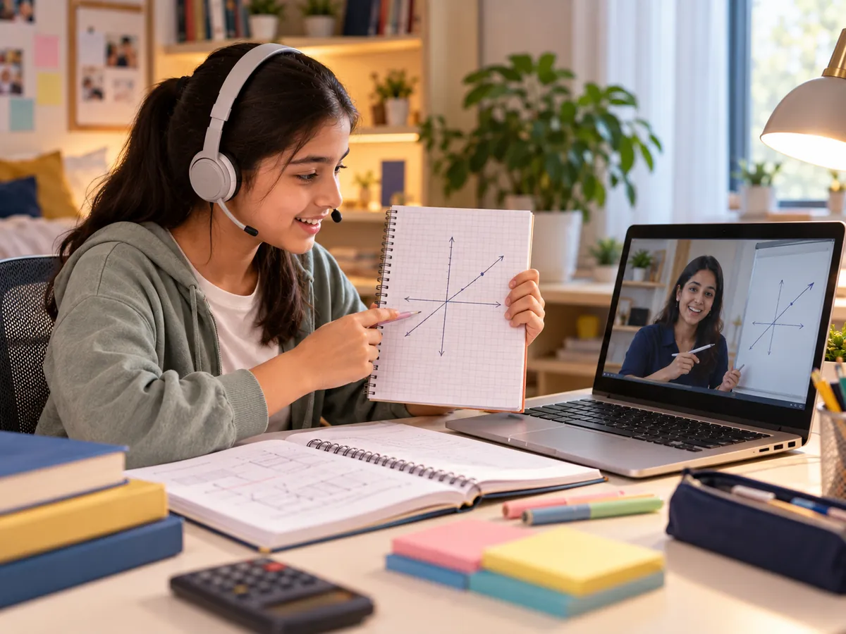 Grade 9 student clearing a coordinate geometry doubt one-on-one with her teacher in online classes for Class 9