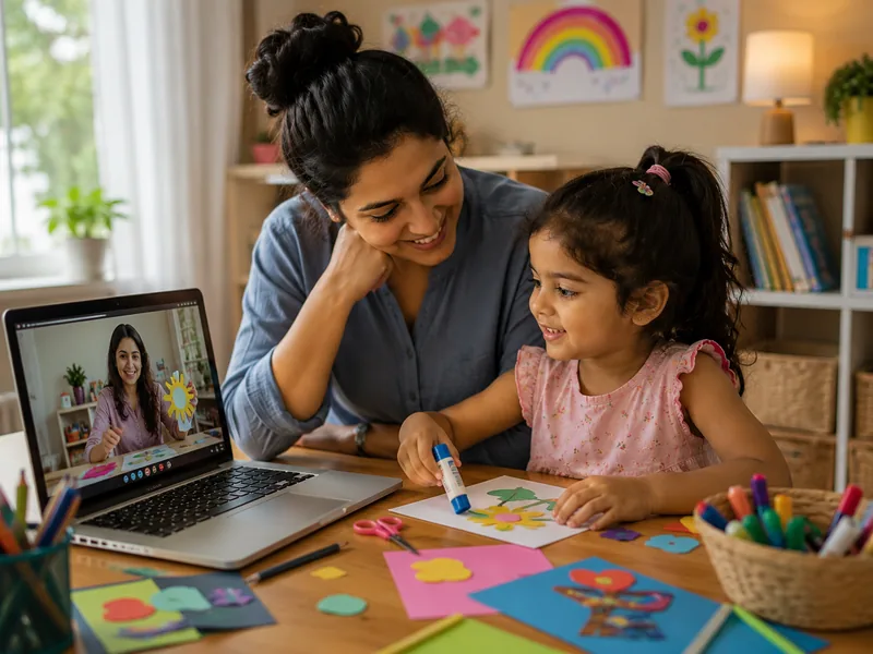 A young child in a live online early years class at home, gluing a paper flower craft while a teacher leads the session on screen