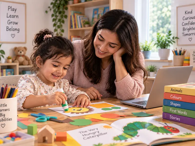 A parent sitting with their young child at home during an EYFS early years activity