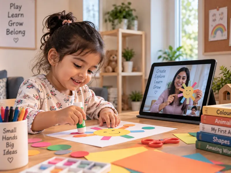 A young child in a live online EYFS class at home, engaged in a play-based learning activity while a teacher leads the session on screen