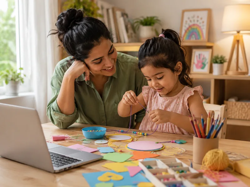 A parent sitting with their young child at home as she threads beads during an early years activity session