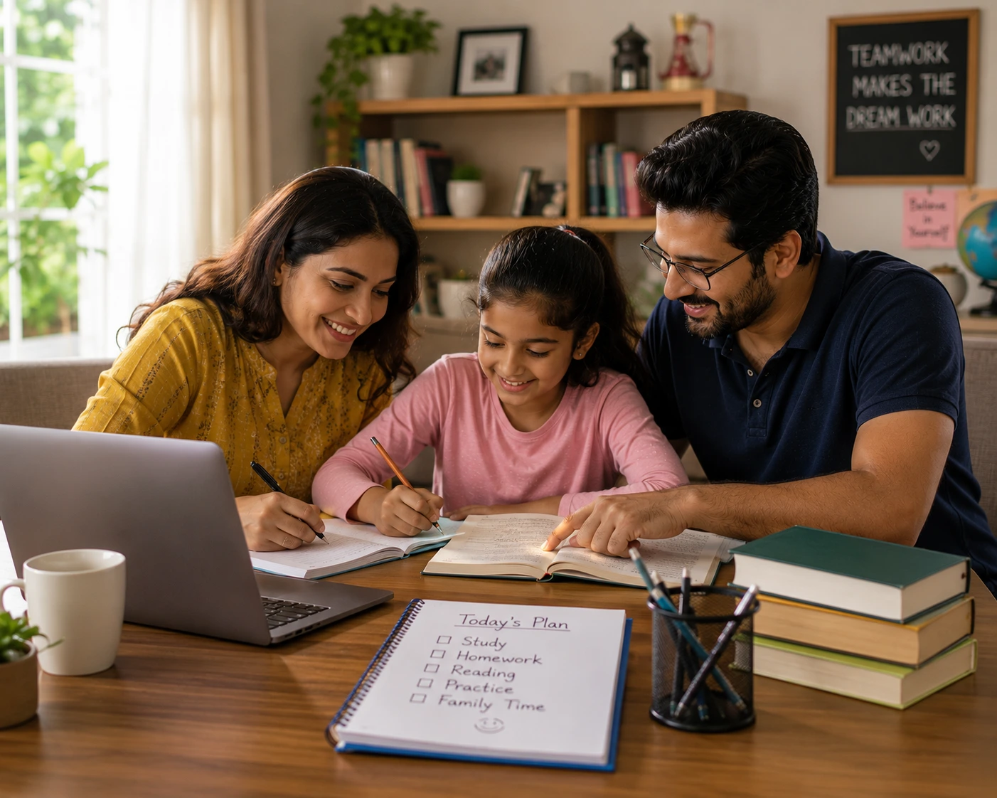 Family learning together at home in a relaxed, alternative education setting in Kerala