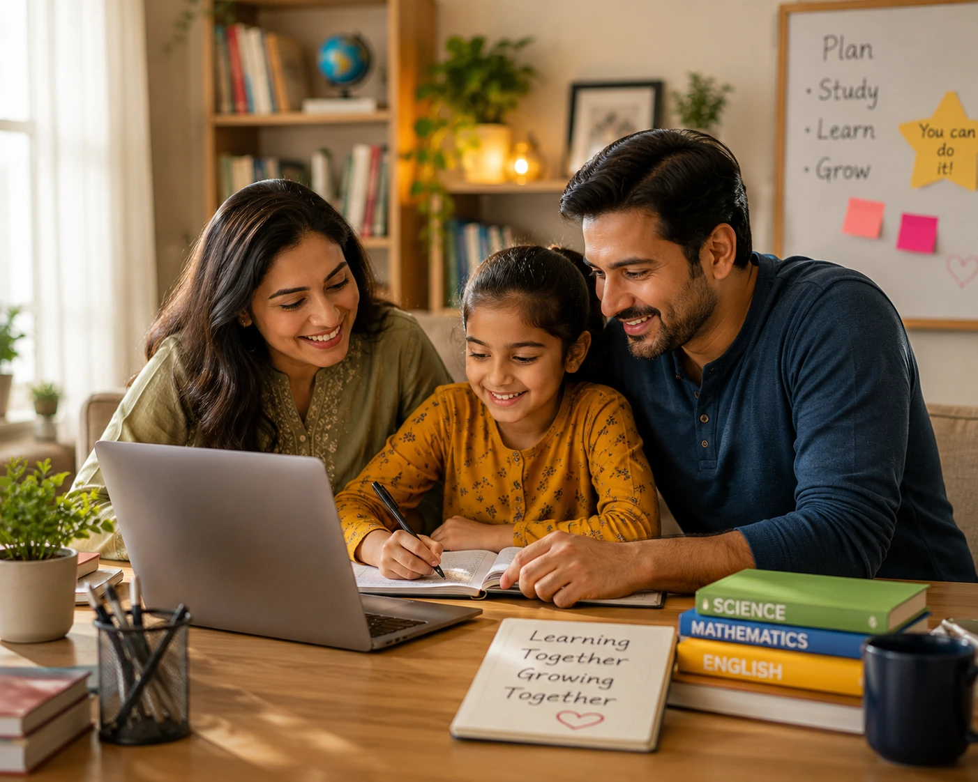 Family learning together at home in a relaxed, alternative education setting in Lucknow