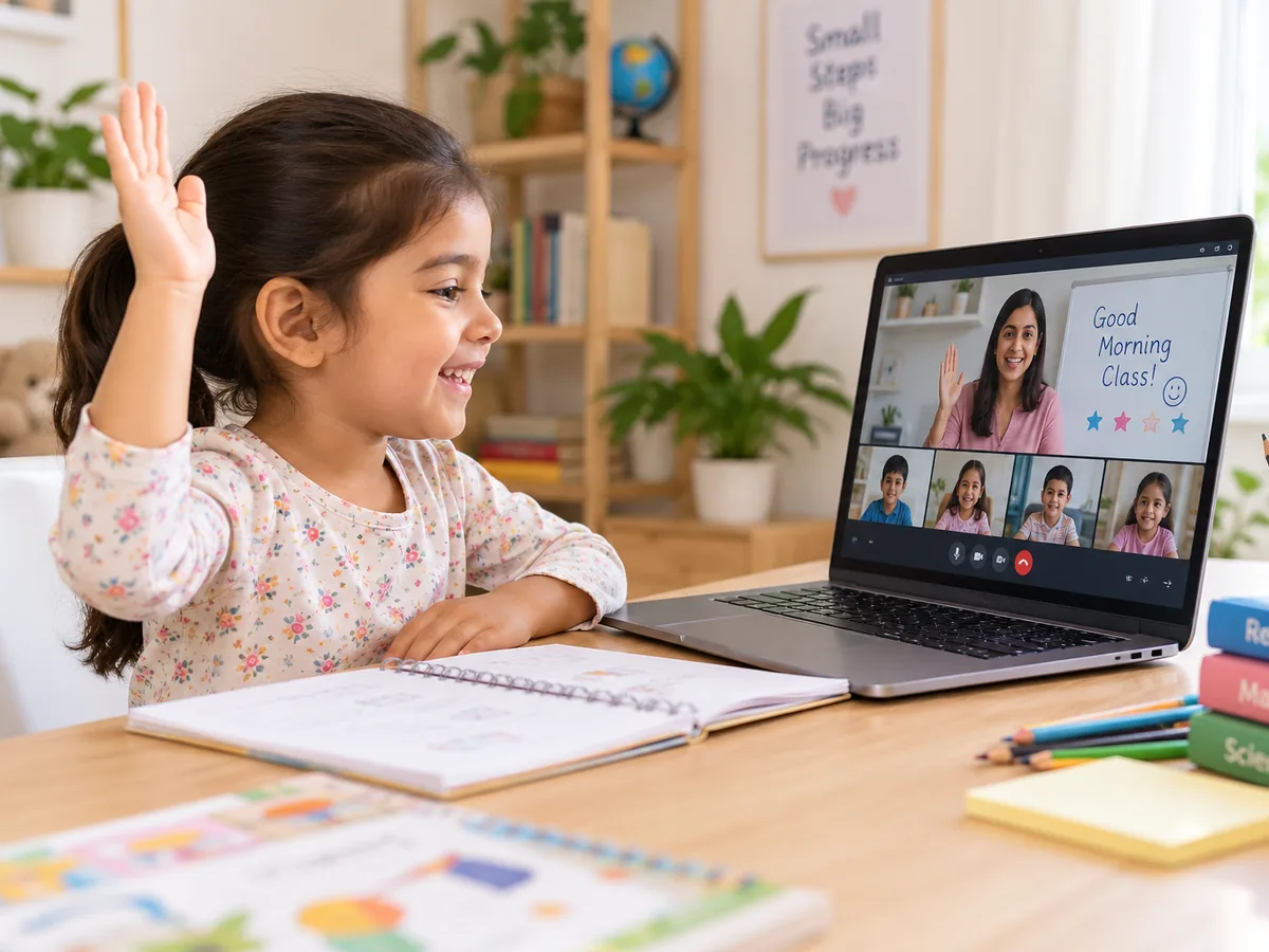 Class 1 student attending a live Grade 1 online class from home