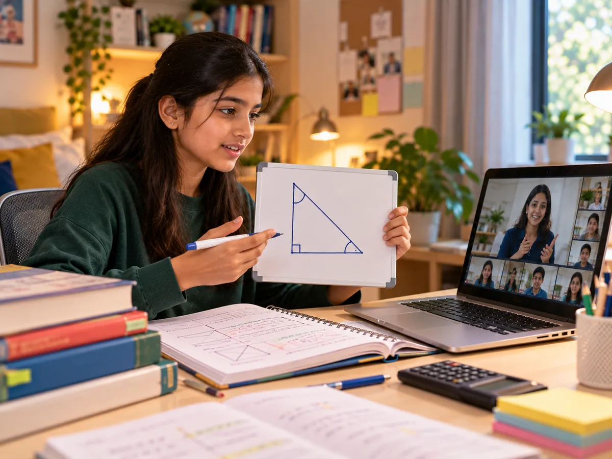 Class 10 student explaining a trigonometry triangle on a whiteboard in a live Grade 10 online class