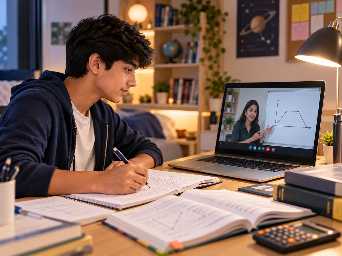 Class 11 student working through a physics problem in a live Grade 11 online class