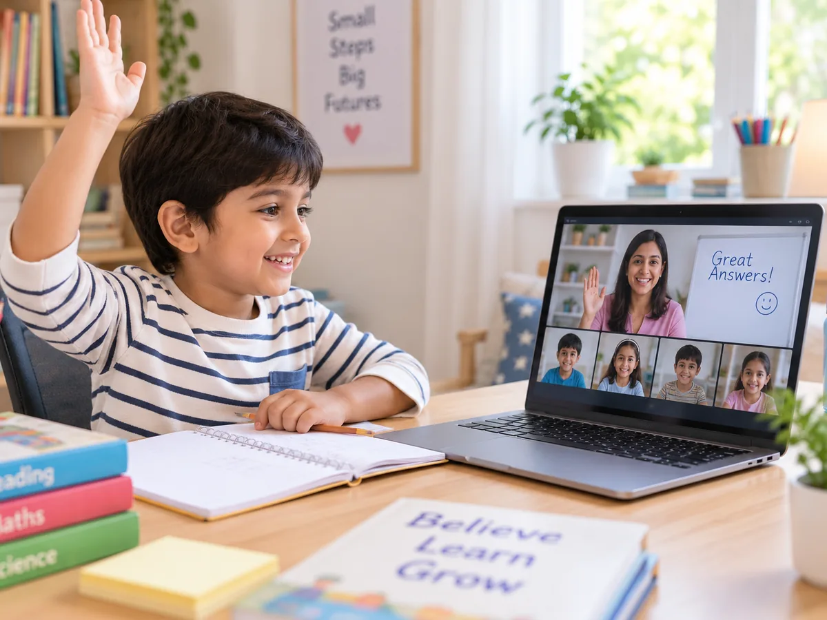 Class 2 student learning in a live Grade 2 online class from home