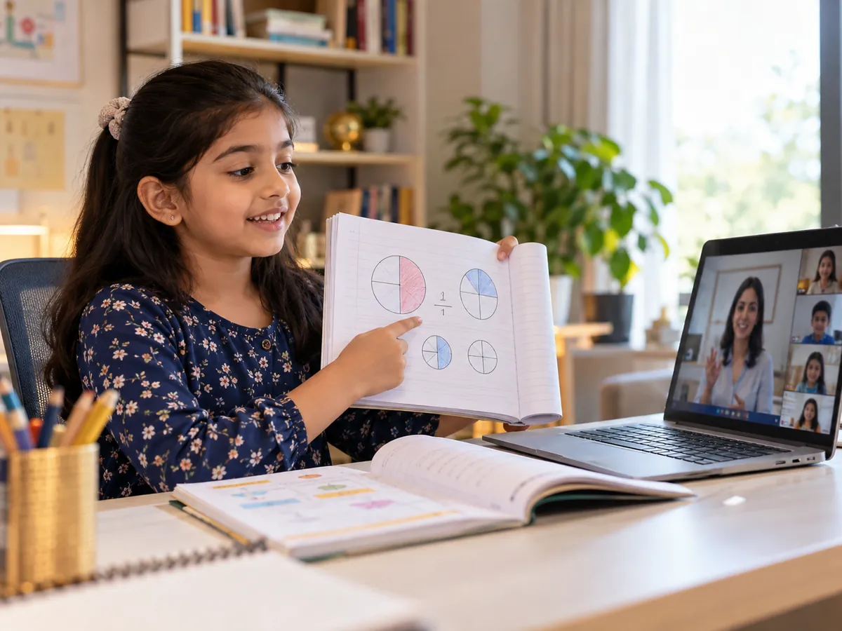 Class 5 student explaining fractions to her teacher and classmates in a live Grade 5 online class