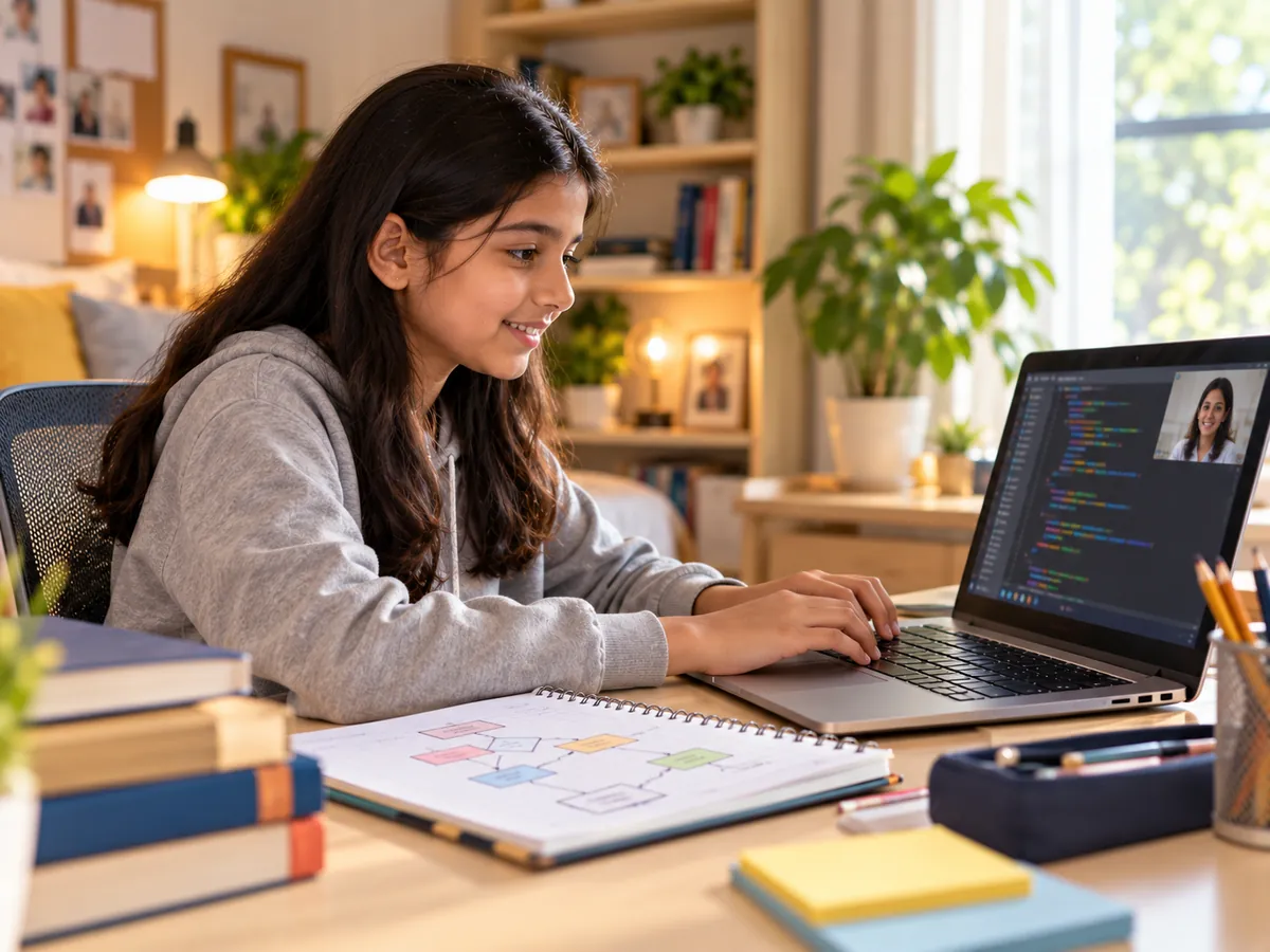 Class 8 student writing Python code with her teacher on screen during a live Grade 8 online class