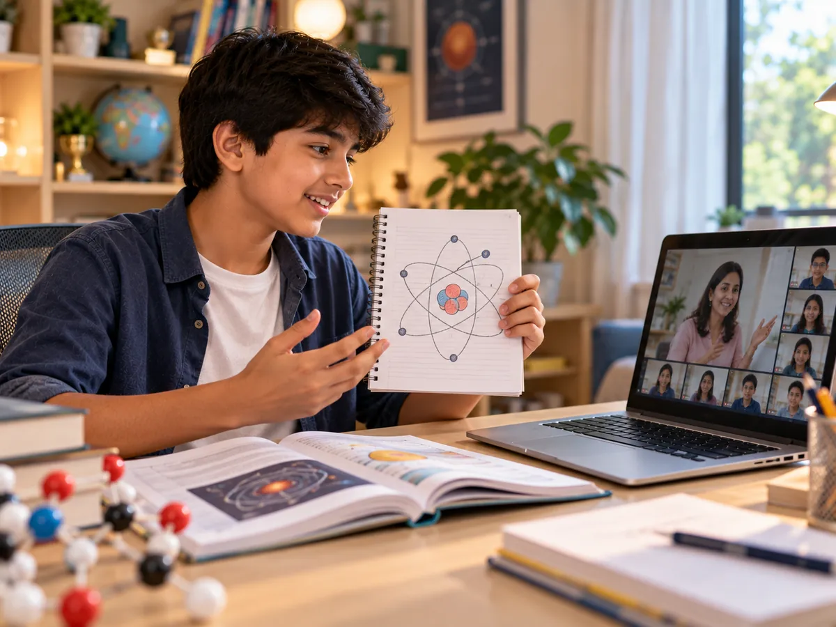 Class 9 student explaining an atom diagram to his teacher and classmates in a live Grade 9 online class