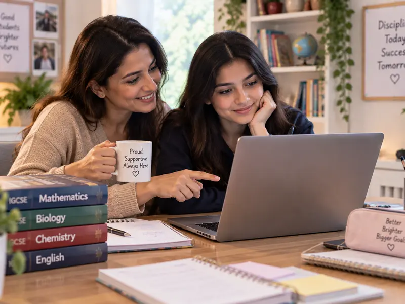 A parent and their online high school student discussing college plans and course selection at home