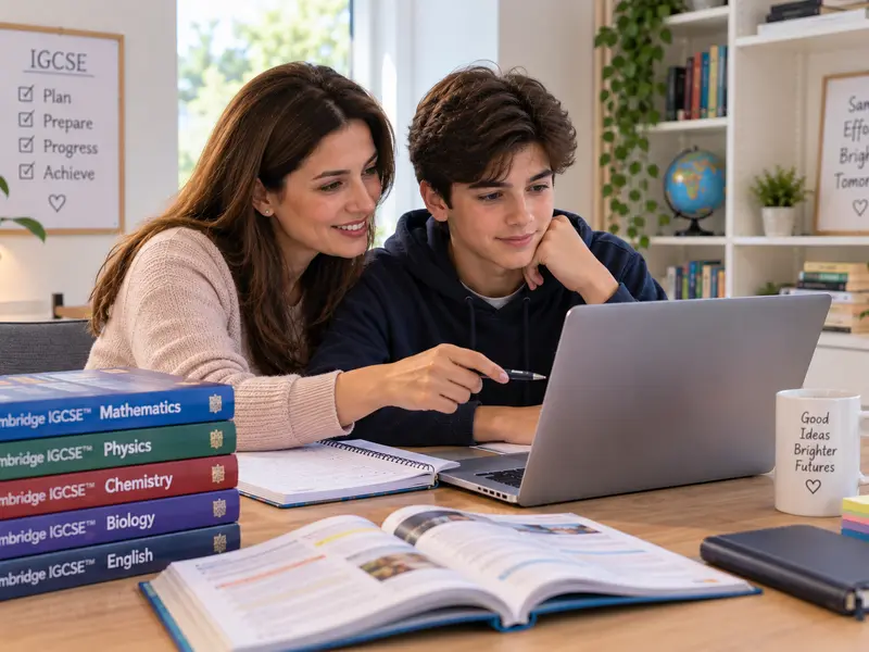 A parent and IGCSE student discussing subject choices and university plans at home