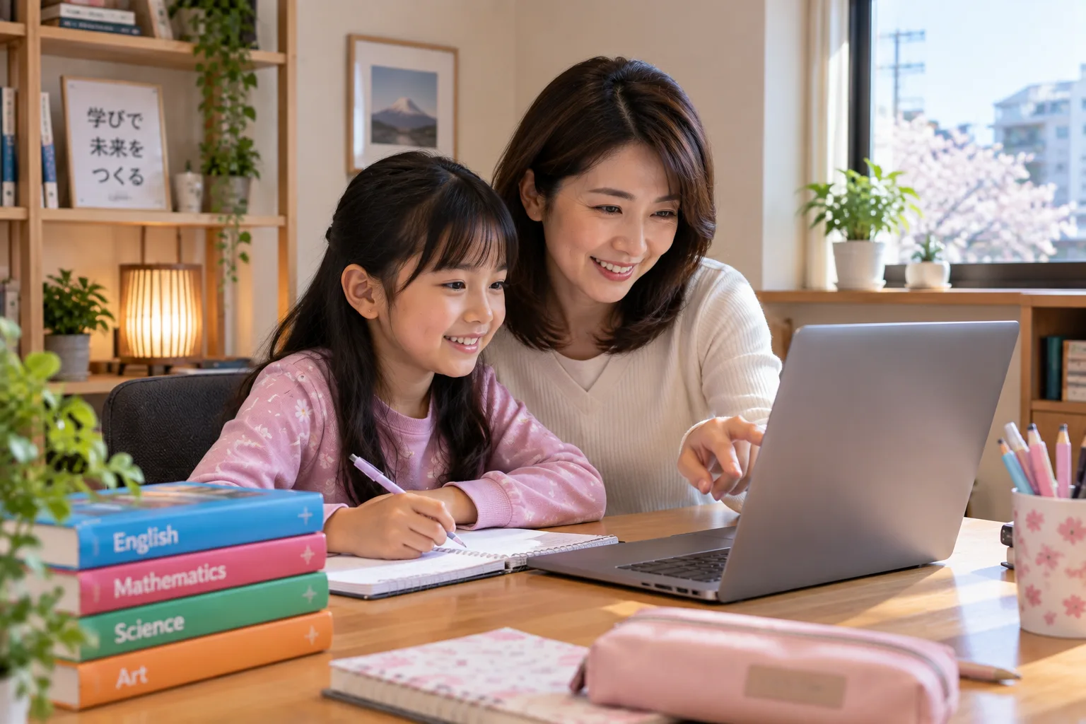 A mother and daughter in Japan reviewing online schoolwork together at home