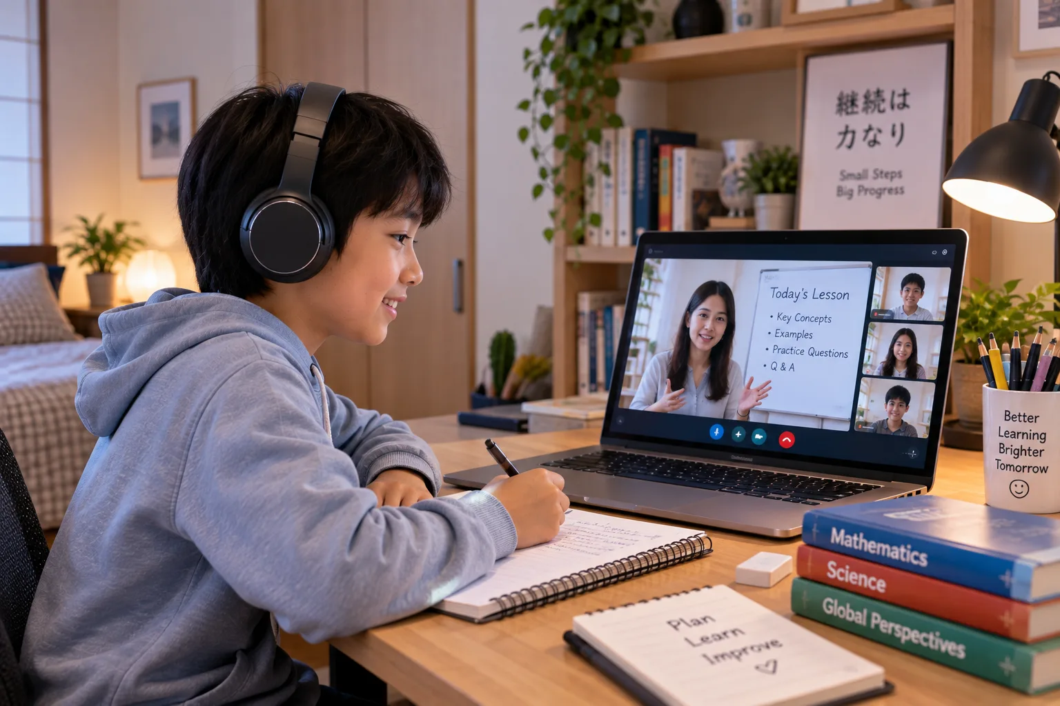 A student in Japan attending a live online class from home