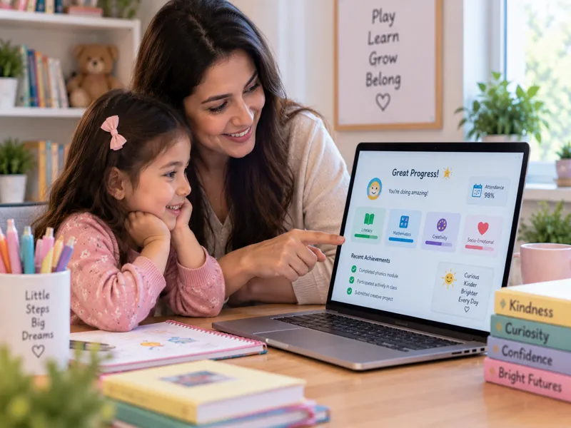 A mother and her Sunbeam World School Kindergarten daughter reviewing a progress dashboard together, showing literacy, math, creativity and attendance scores