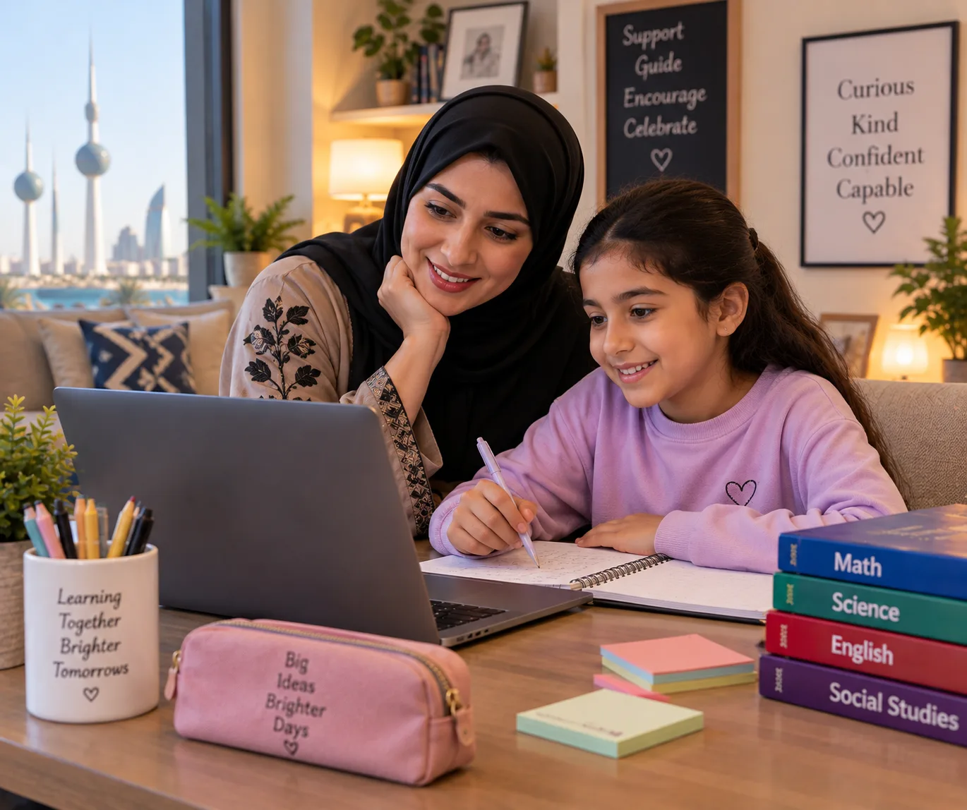 A mother and daughter in Kuwait reviewing online schoolwork together at home, with the Kuwait Towers visible through the window
