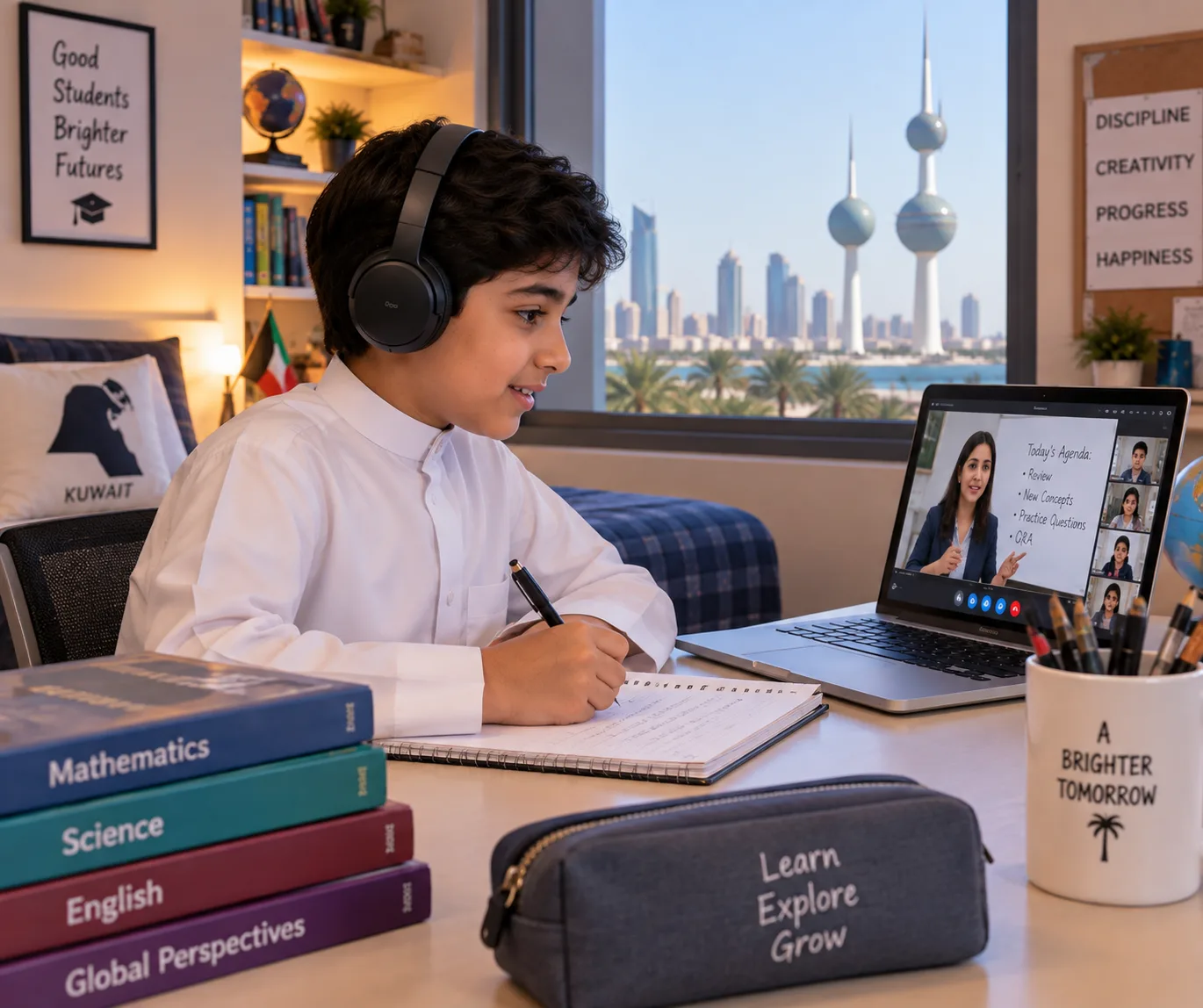 A student in Kuwait attending a live online class from home, with the Kuwait Towers visible through the window