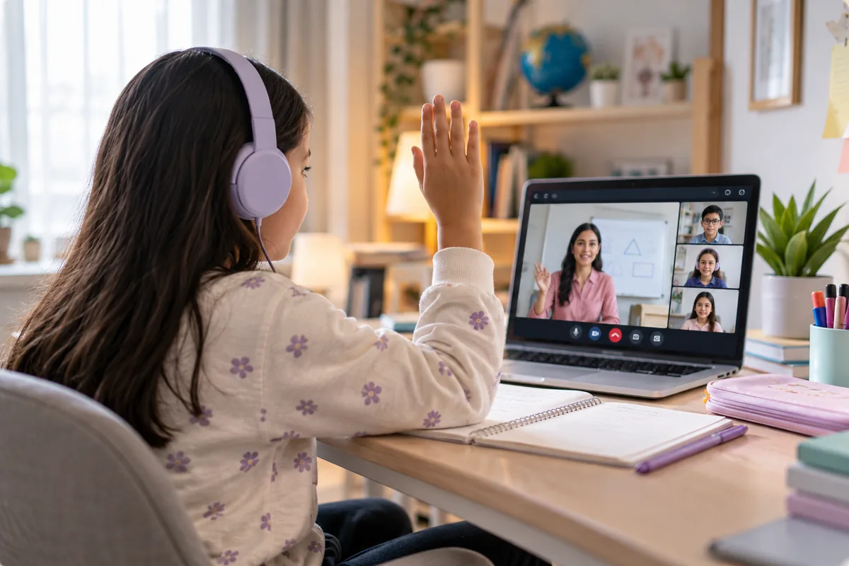 Student attending a live online homeschool class at home with Sunbeam World School