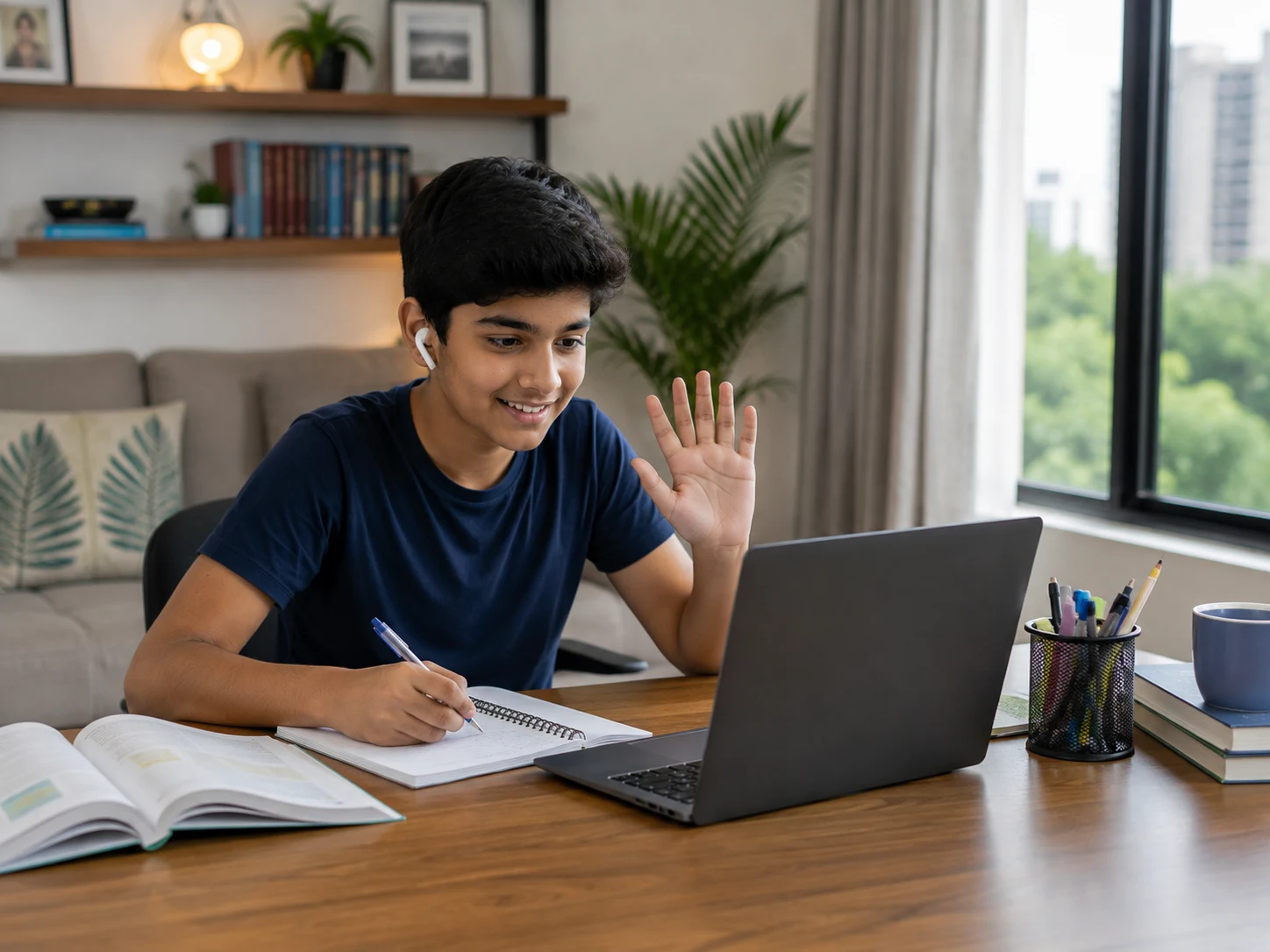 Student attending a live online homeschooling class from home in Chennai