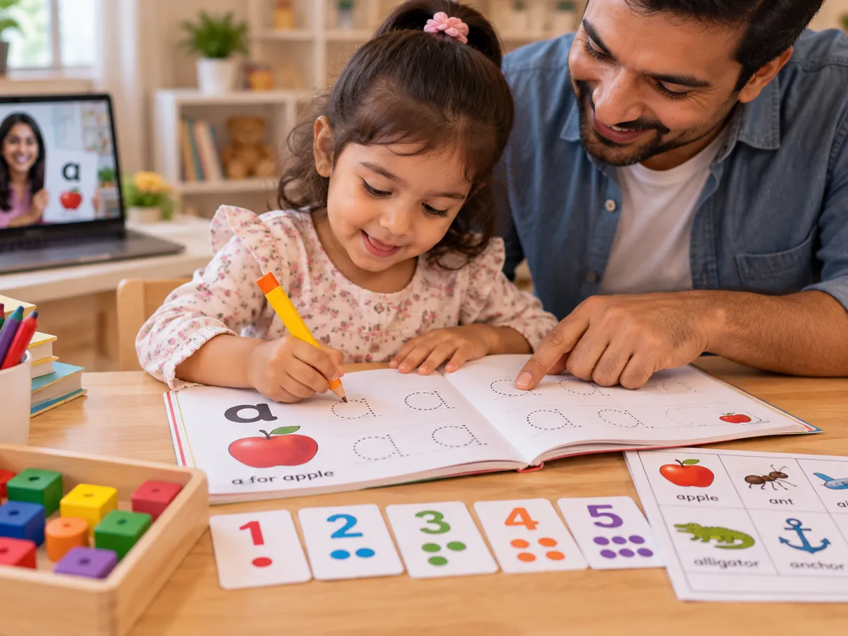 LKG child tracing letters in an activity book with her father, part of online LKG classes