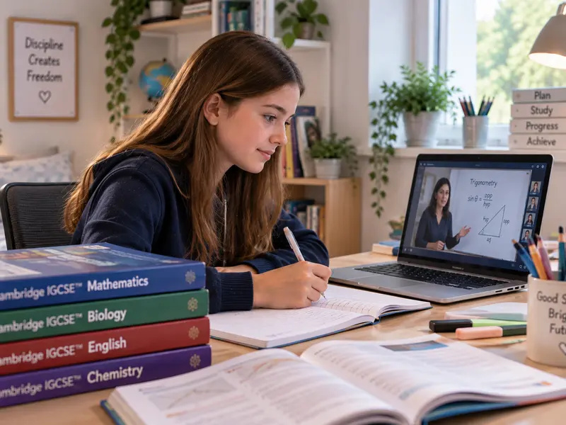 A lower secondary student attending a live Cambridge online class at Sunbeam World School