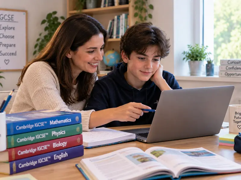 A parent and lower secondary student reviewing schoolwork together at home